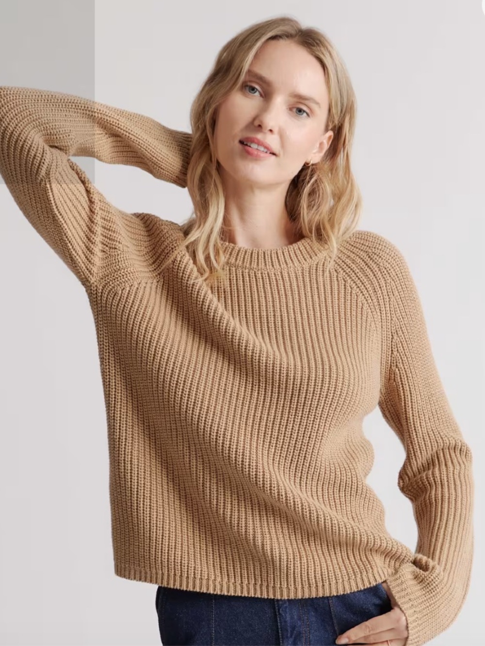 Quince 100% Organic Cotton Fisherman Crew Neck Sweater Sz Small Camel